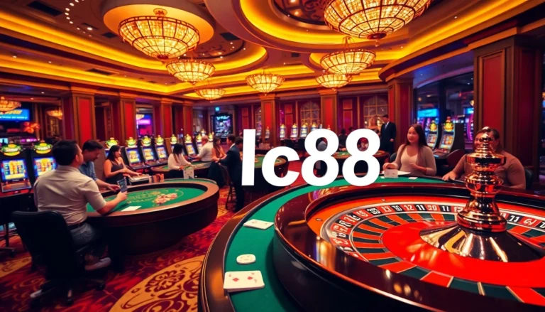 Experience the thrill of lc88 casino gaming with vivid tables, spinning roulette wheels, and eager players celebrating wins.