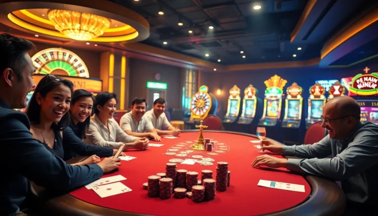 Engage with thrilling gambling action at https://uu88.ngo/, where players strategize at a vibrant poker table amidst dazzling casino lights.