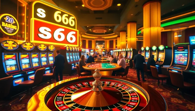 Players enjoy a thrilling casino experience at s666 with vibrant slot machines and a roulette wheel, capturing the excitement of gambling.