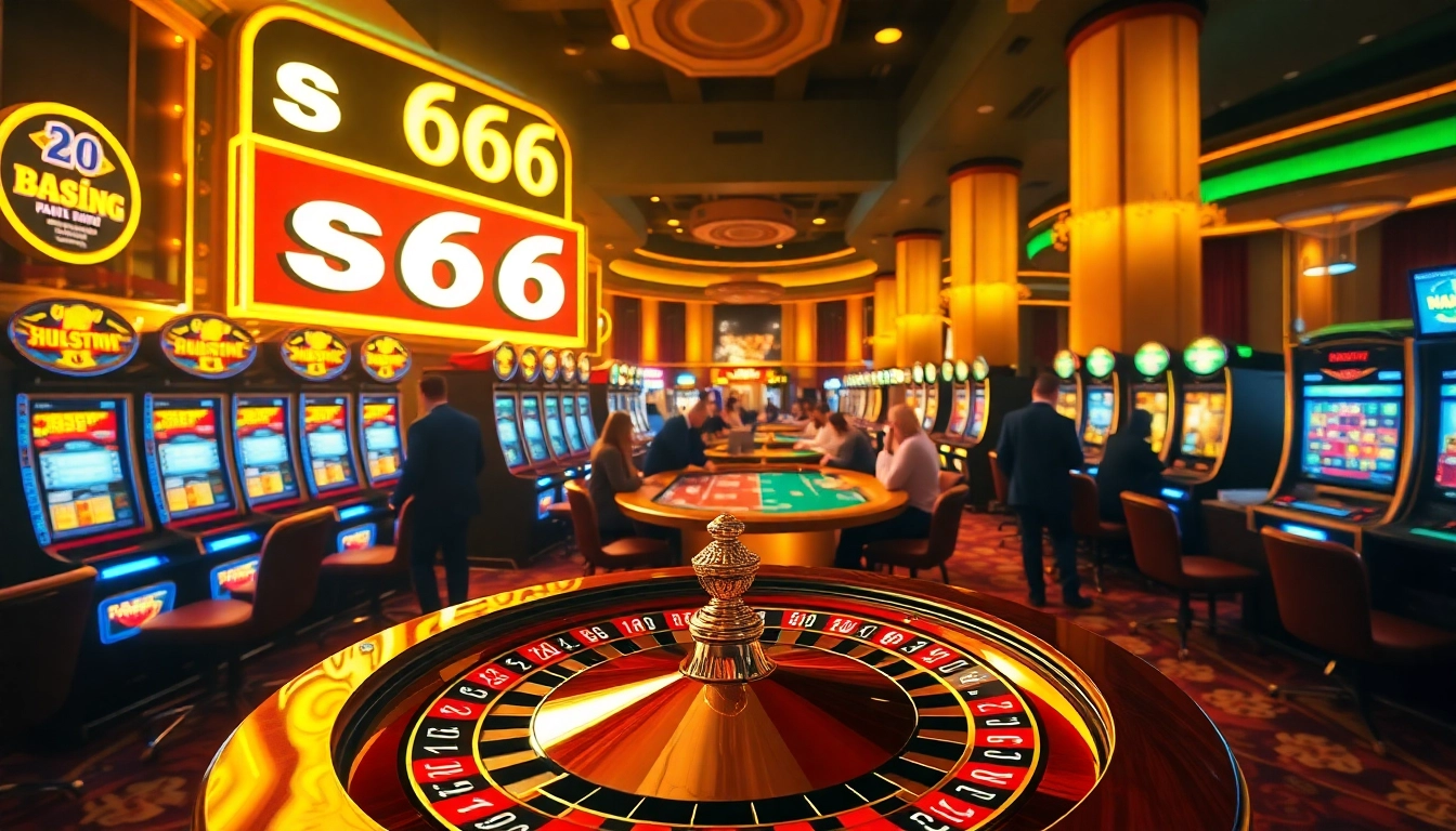 Players enjoy a thrilling casino experience at s666 with vibrant slot machines and a roulette wheel, capturing the excitement of gambling.