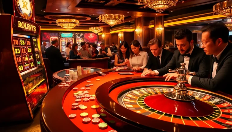 Go8 casino experience with players at roulette and slot machines, showcasing thrilling gambling action and vibrant atmosphere.
