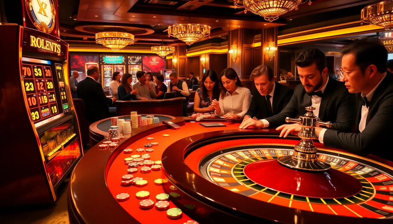 Go8 casino experience with players at roulette and slot machines, showcasing thrilling gambling action and vibrant atmosphere.