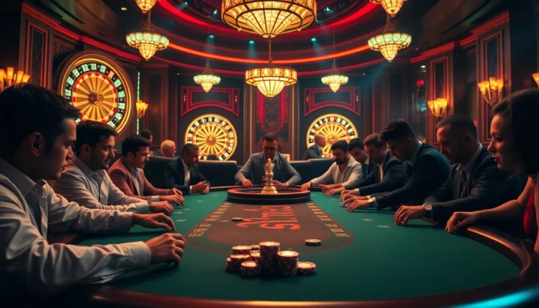 Experience high-stakes poker action at the casino with "5MB" digital betting, showcasing vibrant chips and roulette wheels.
