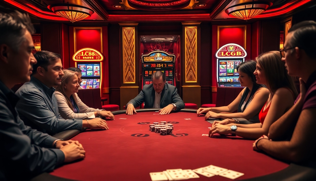 Players enjoying intense poker action at a vibrant lc88-themed casino table.