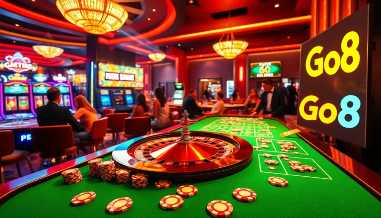 Dynamic casino scene featuring Go8 betting options around lively games and players engaged.