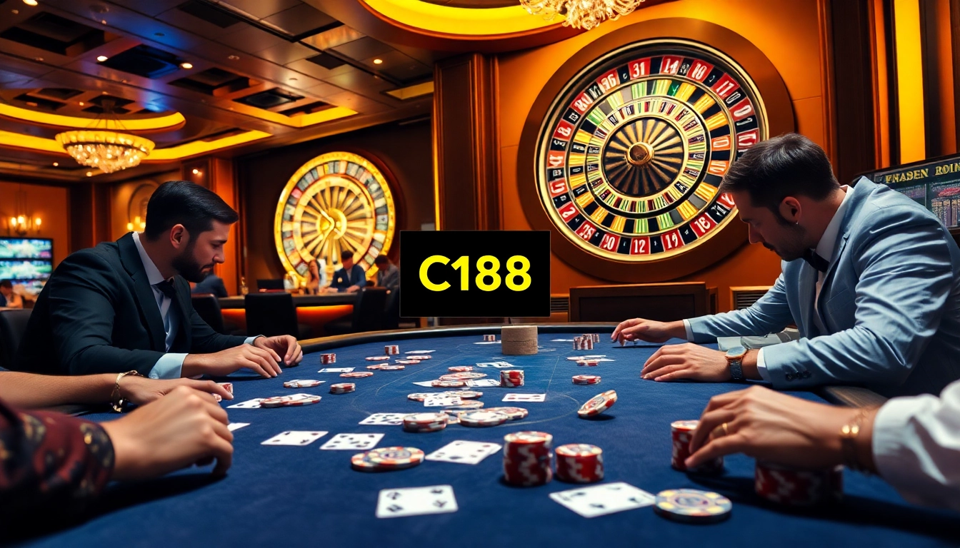 An engaging scene of high-stakes poker at a casino featuring C168 branding on a digital display.