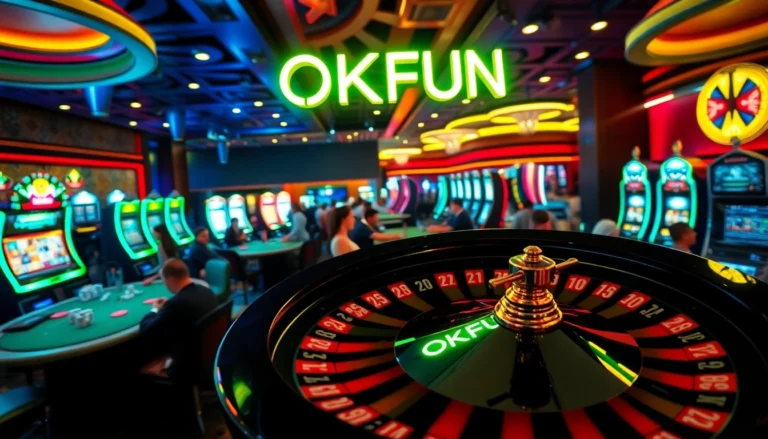 Experience the thrill of winning at OKFUN Casino with vibrant slot machines and exciting table games in play.