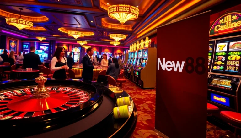 New88 casino scene showcasing players engaging at the roulette table and vibrant slot machines.