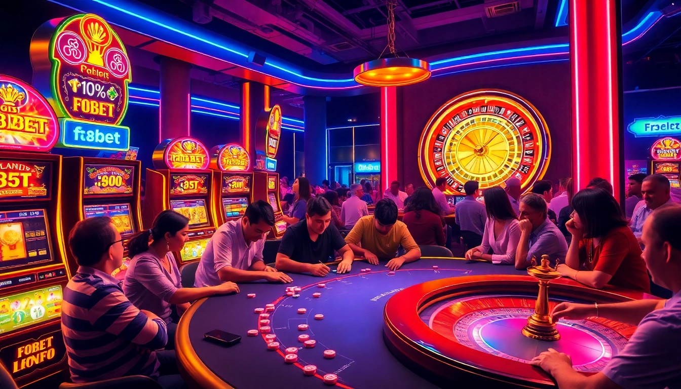 Players at an F8BET poker table enjoying a lively game surrounded by slot machines and roulette.