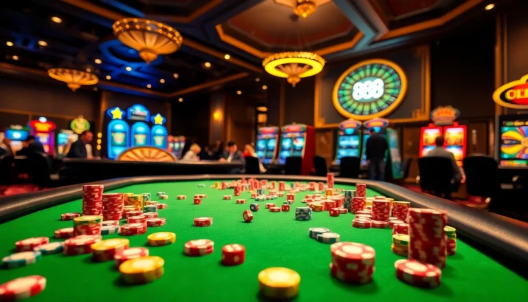 Experience thrill at uu88's vibrant casino tables, featuring poker chips, cards, and a roulette wheel.