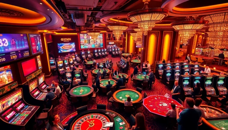 Exciting casino scene at 32win with vibrant gaming tables, players, and slot machines celebrating big wins.
