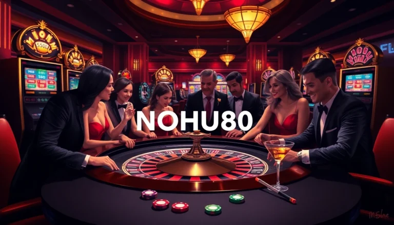 NOHU90 players engaging at a luxurious roulette table in an upscale casino setting, with vibrant lights and rich textures.