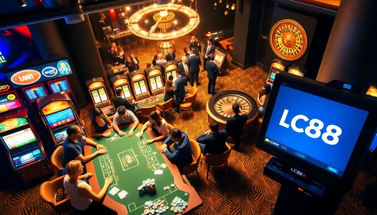 LC88 casino scene showing players at a lively poker table with vibrant slot machines, evoking excitement!