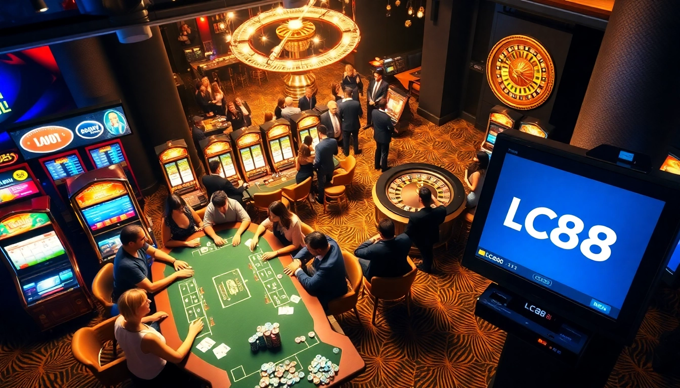 LC88 casino scene showing players at a lively poker table with vibrant slot machines, evoking excitement!